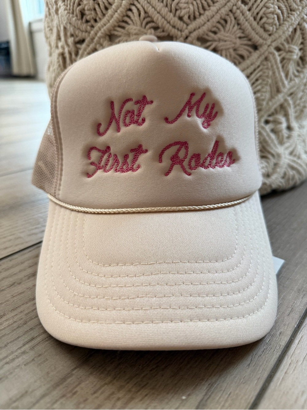 Womens Beige Trucker Hat with Pink Embroidered 'Not My First Rodeo'